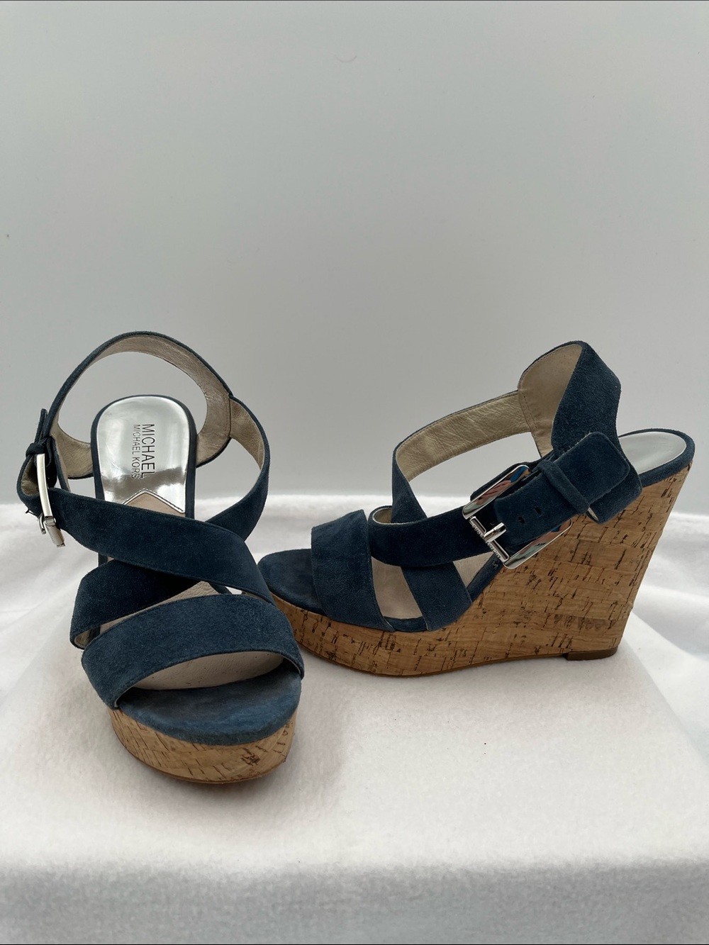 Michael Kors Dark Blue Suede Cork Wedge Sandals